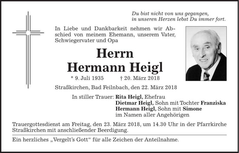 Traueranzeige Hermann Heigl