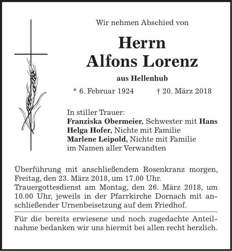 Traueranzeige Alfons Lorenz