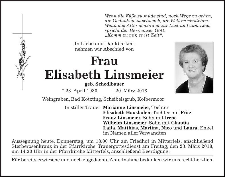 Traueranzeige Elisabeth Linsmeier