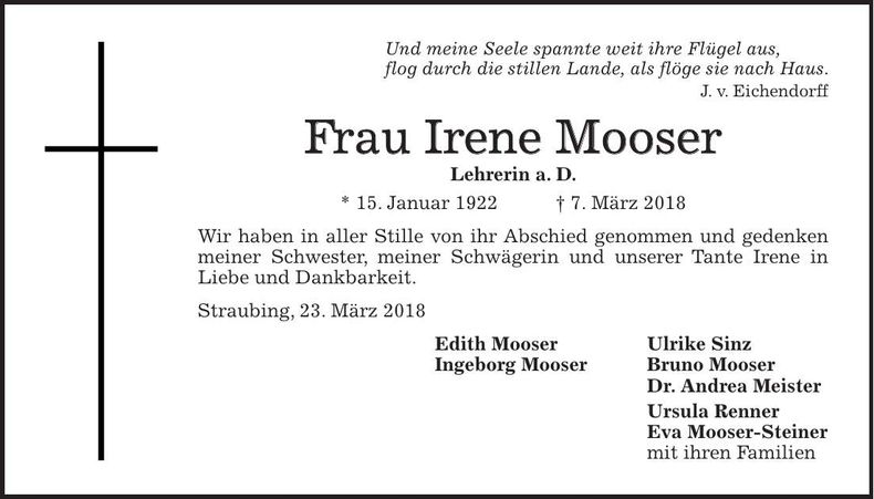 Traueranzeige Irene Mooser