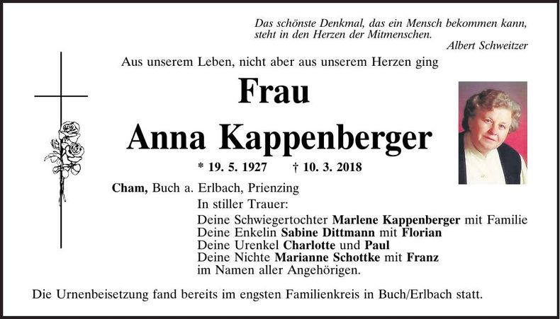 Traueranzeige Anna Kappenberger