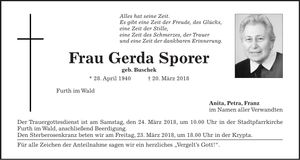 Traueranzeige Gerda Sporer