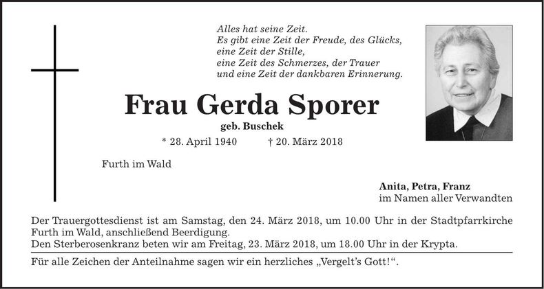 Traueranzeige Gerda Sporer