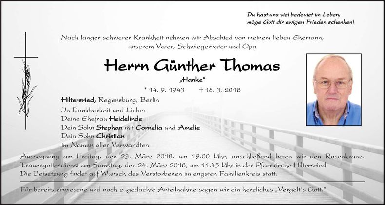 Traueranzeige Günther Thomas
