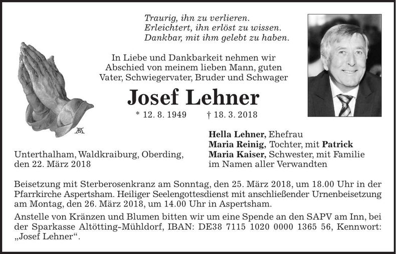 Traueranzeige Josef Lehner