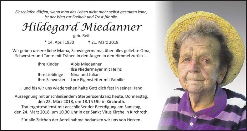 Traueranzeige Hildegard Miedanner