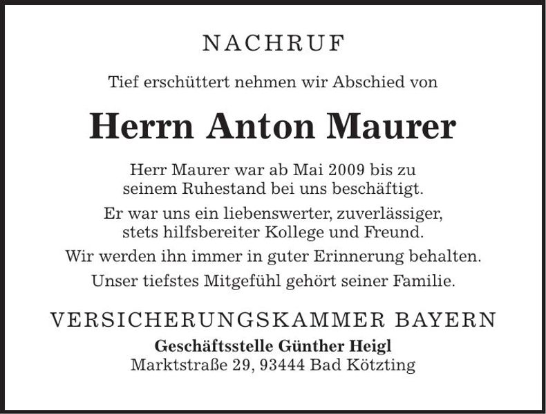 Traueranzeige Anton Maurer