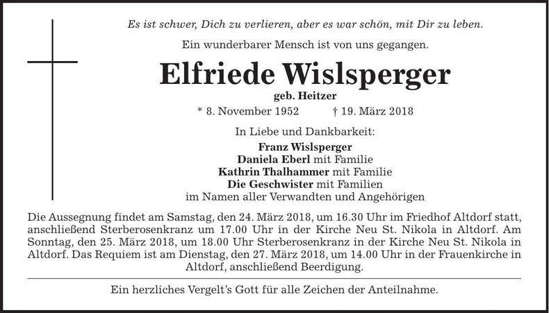 Traueranzeige Elfriede Wislsperger