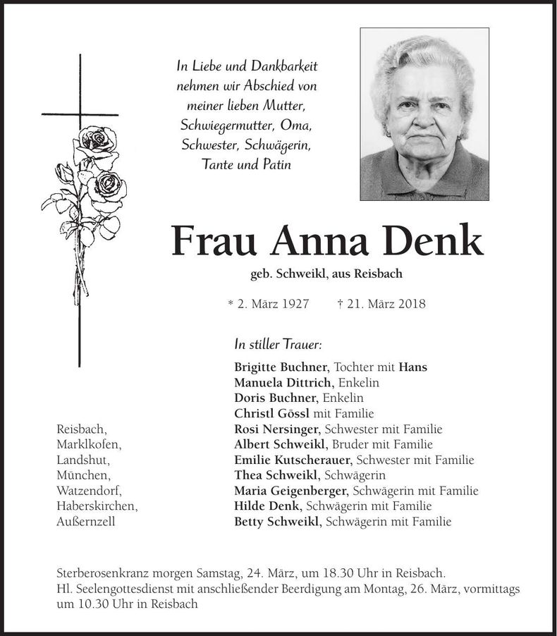 Traueranzeige Anna Denk