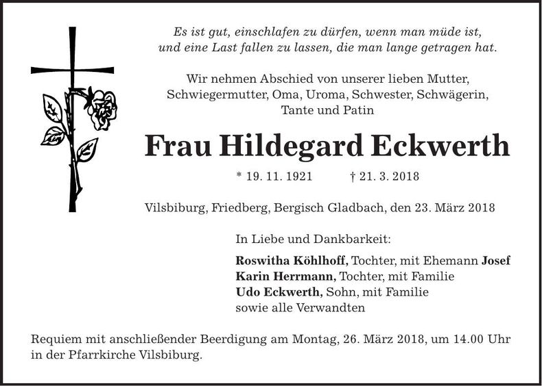 Traueranzeige Hildegard Eckwerth