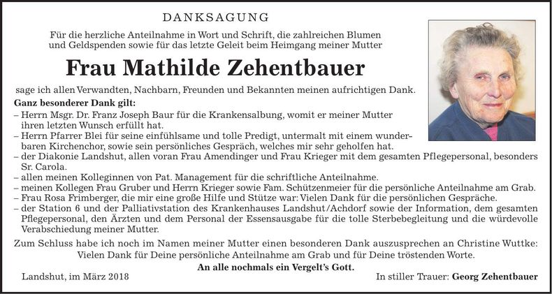 Traueranzeige Mathilde Zehentbauer