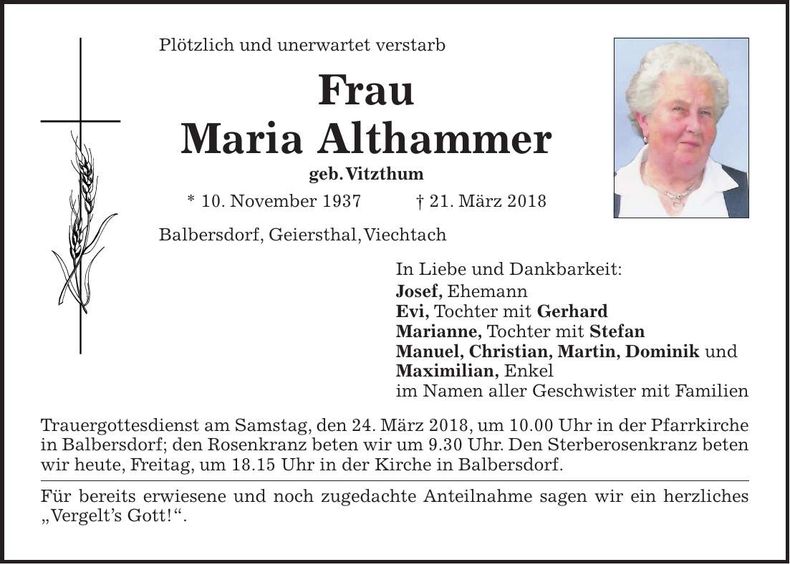 Traueranzeige Maria Althammer