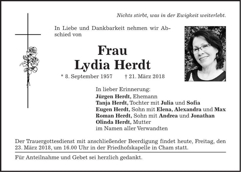 Traueranzeige Lydia Herdt