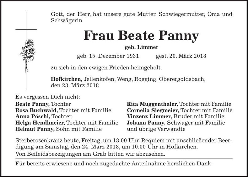 Traueranzeige Beate Panny