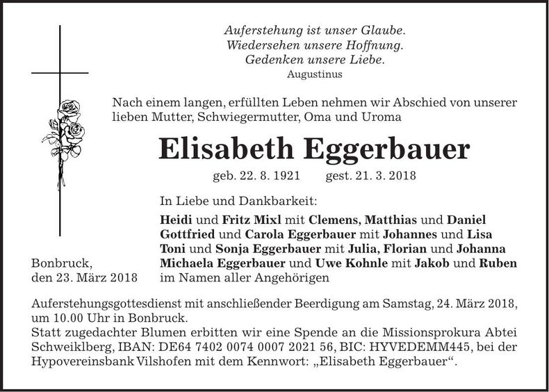 Traueranzeige Elisabeth Eggerbauer