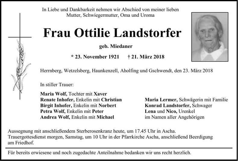 Traueranzeige Ottilie Landstorfer