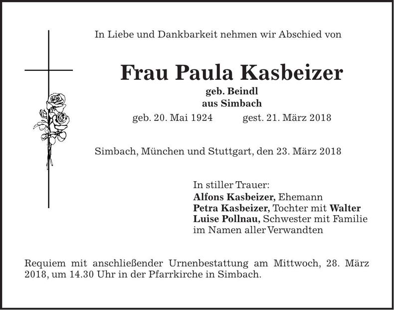 Traueranzeige Paula Kasbeizer