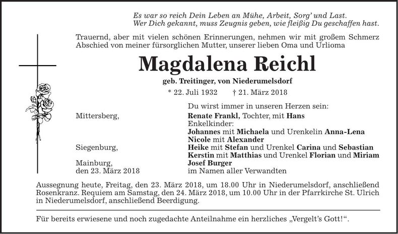 Traueranzeige Magdalena Reichl
