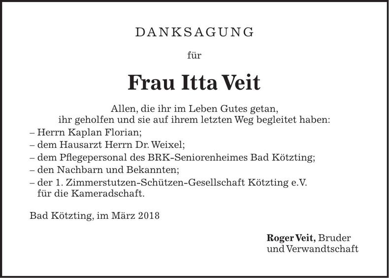 Traueranzeige Itta Veit