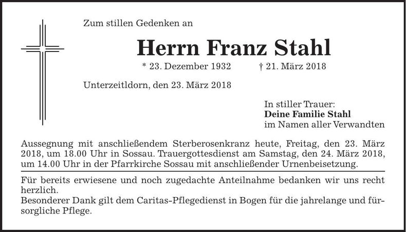 Traueranzeige Franz Stahl