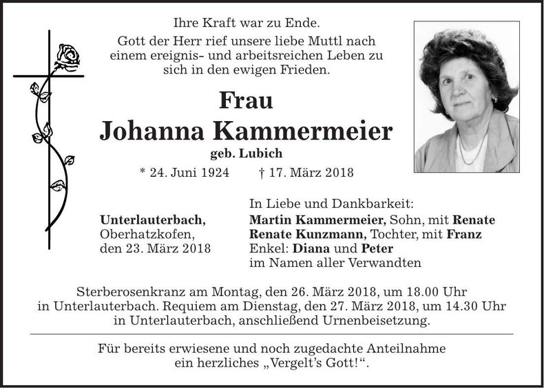 Traueranzeige Johanna Kammermeier