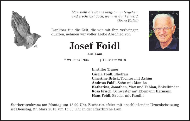 Traueranzeige Josef Foidl