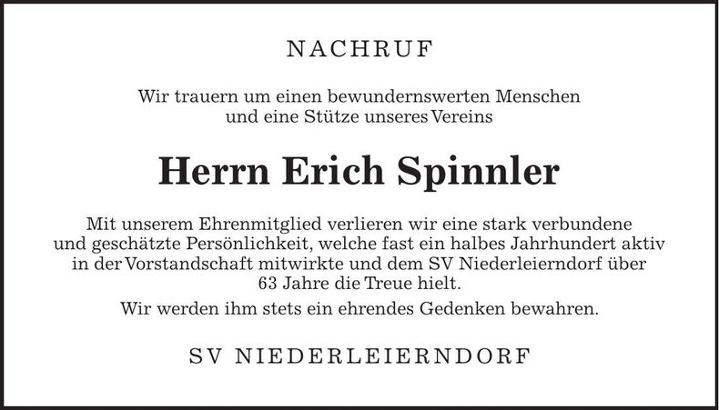 Traueranzeige Erich Spinnler
