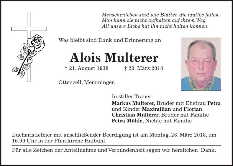 Traueranzeige Alois Multerer