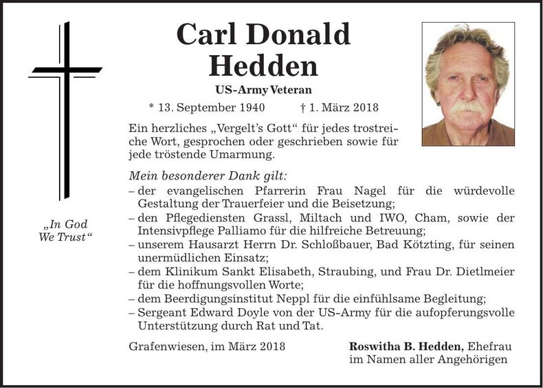Traueranzeige Carl Donald Hedden