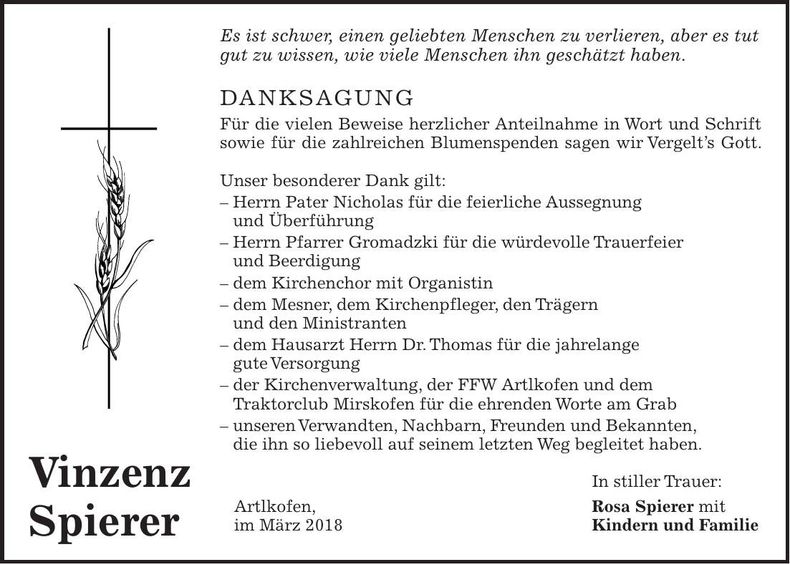 Traueranzeige Vinzenz Spierer