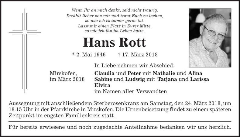 Traueranzeige Hans Rott