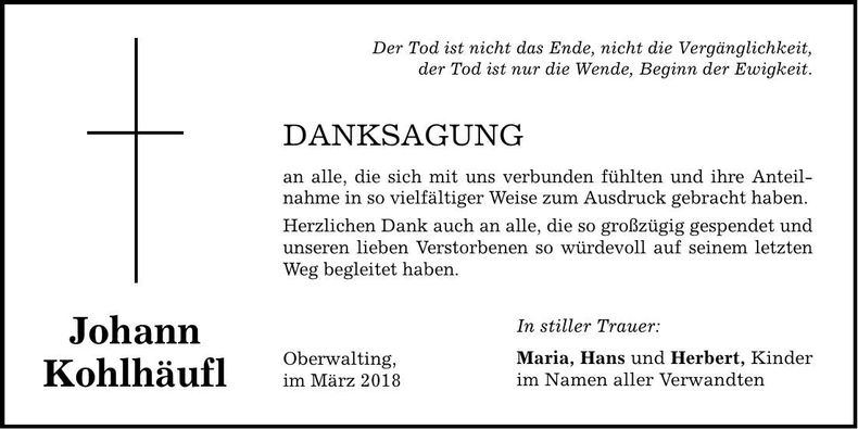 Traueranzeige Johann Kohlhäufl