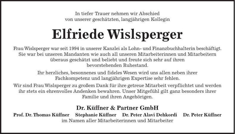 Traueranzeige Elfriede Wislsperger