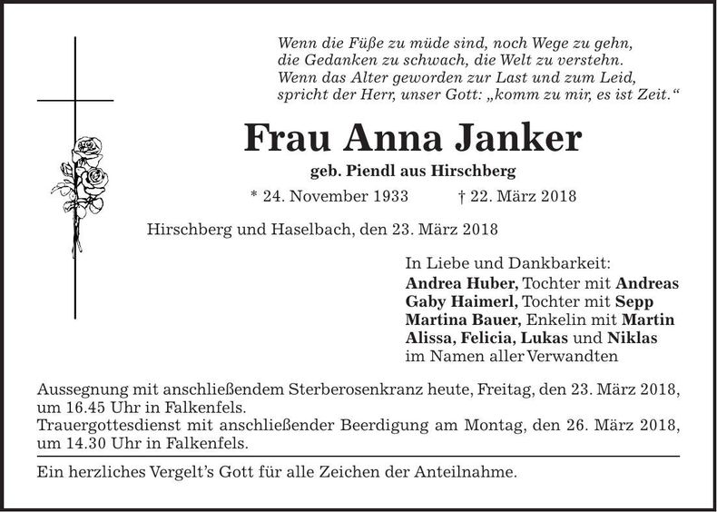 Traueranzeige Anna Janker