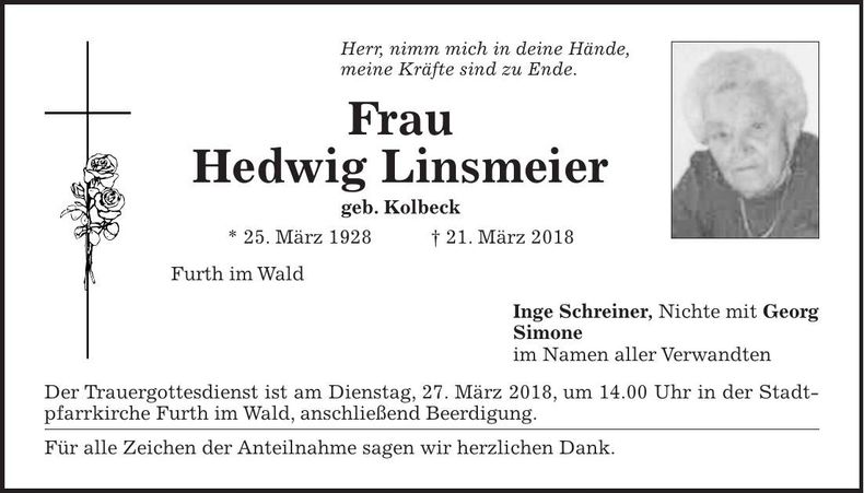 Traueranzeige Hedwig Linsmeier