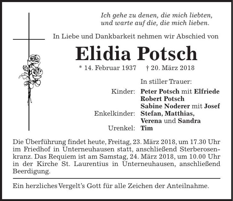 Traueranzeige Elidia Potsch