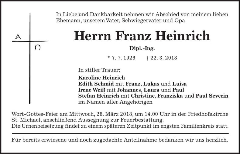 Traueranzeige Franz Heinrich