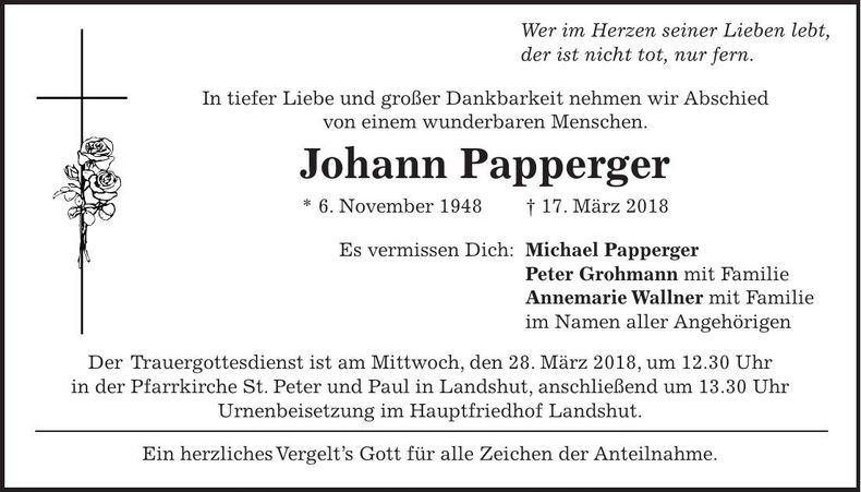 Traueranzeige Johann Papperger