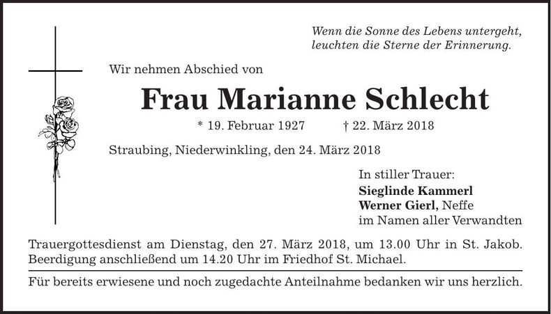 Traueranzeige Marianne Schlecht