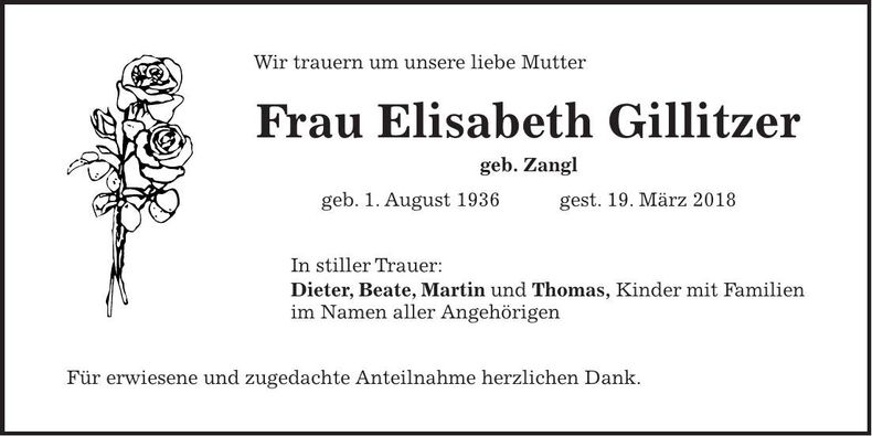 Traueranzeige Elisabeth Gillitzer