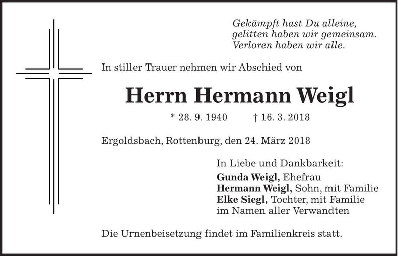 Traueranzeige Hermann Weigl
