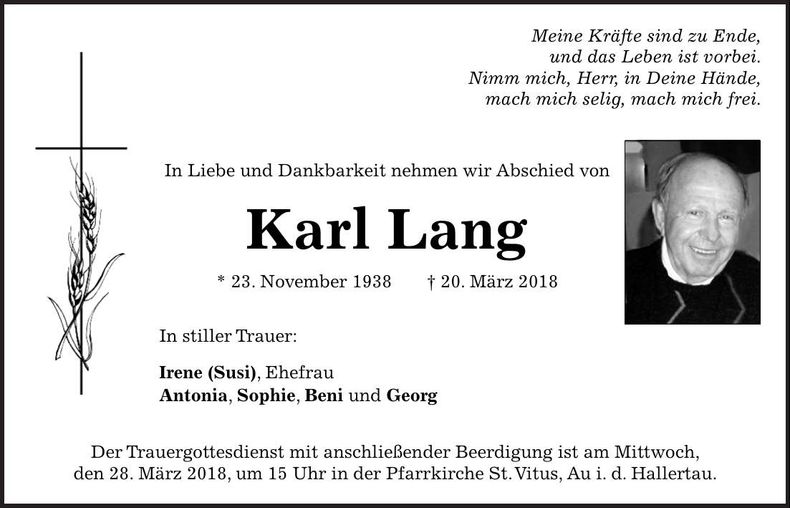 Traueranzeige Karl Lang