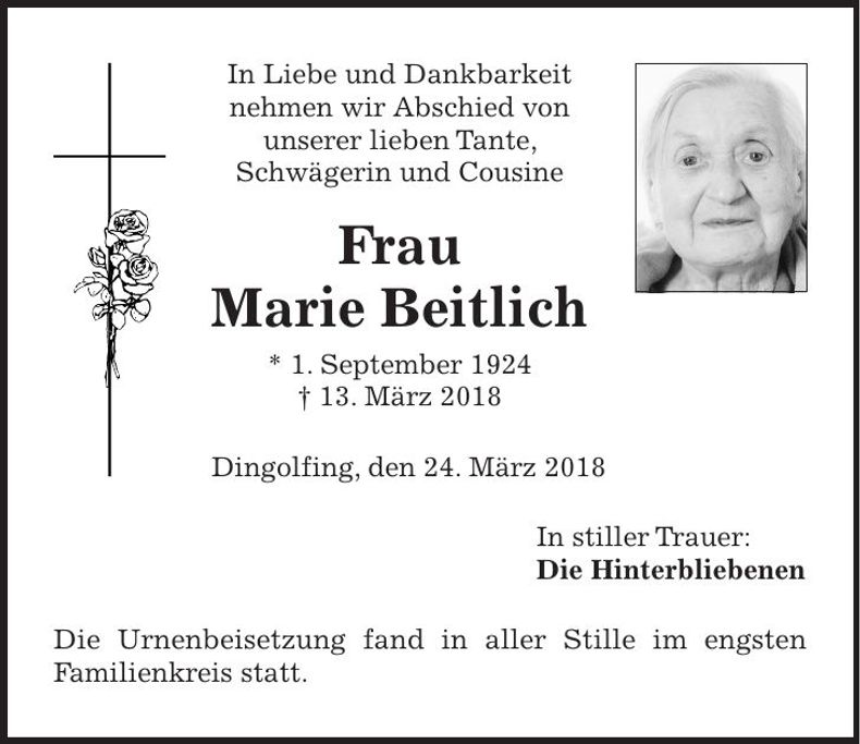 Traueranzeige Marie Beitlich