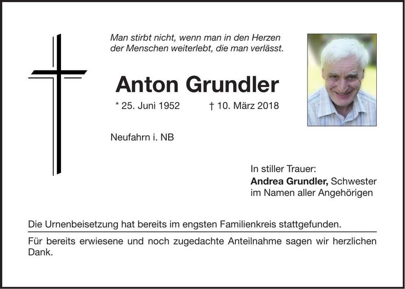 Traueranzeige Anton Grundler