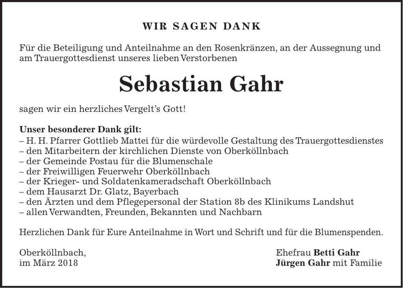 Traueranzeige Sebastian Gahr