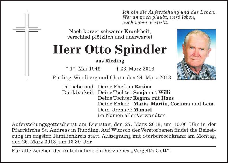 Traueranzeige Otto Spindler