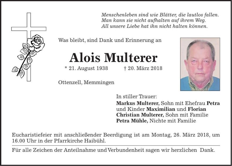 Traueranzeige Alois Multerer