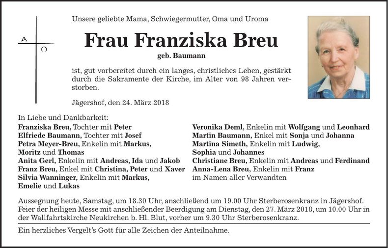 Traueranzeige Franziska Breu