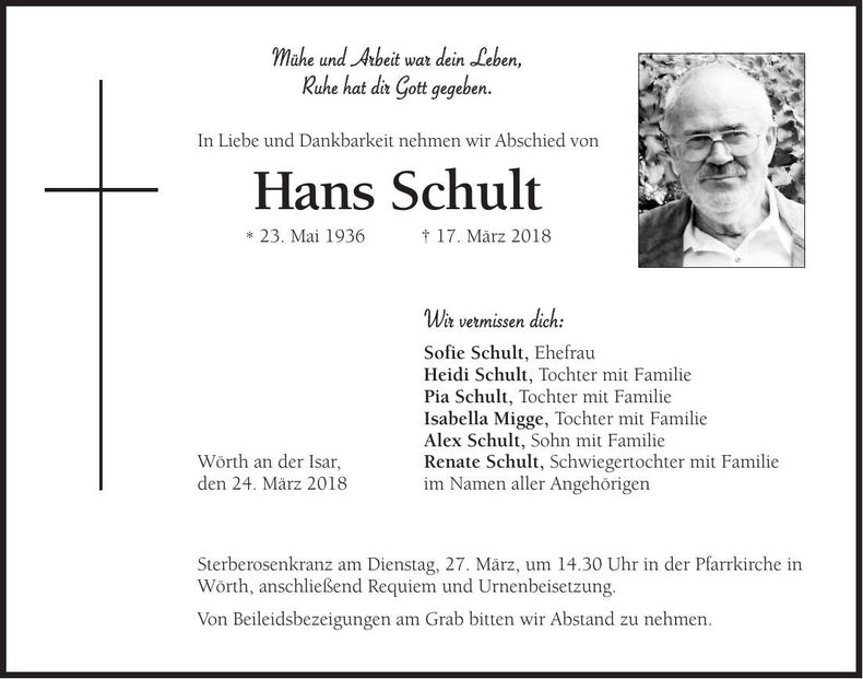 Traueranzeige Hans Schult