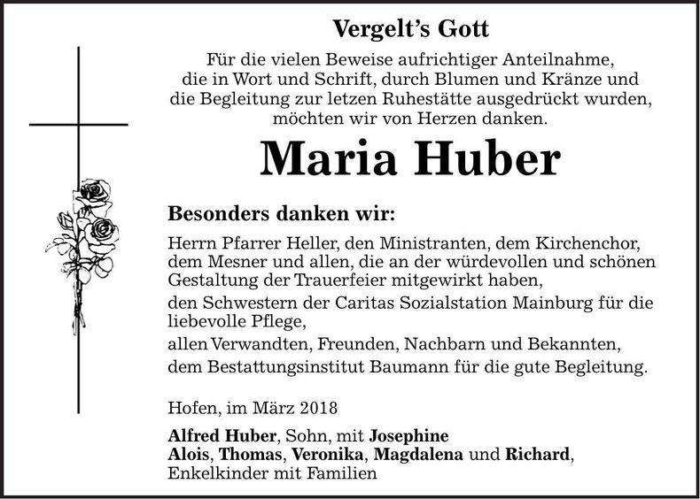 Traueranzeige Maria Huber